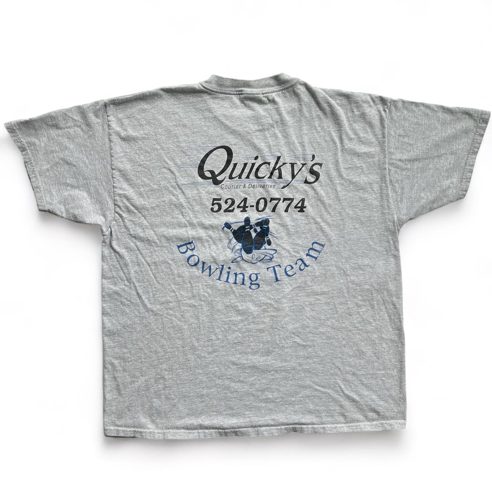 Vintage 90s Y2k Champion Quicky's Bowling Kenny Ken Delivery T Shirt Gray XXL